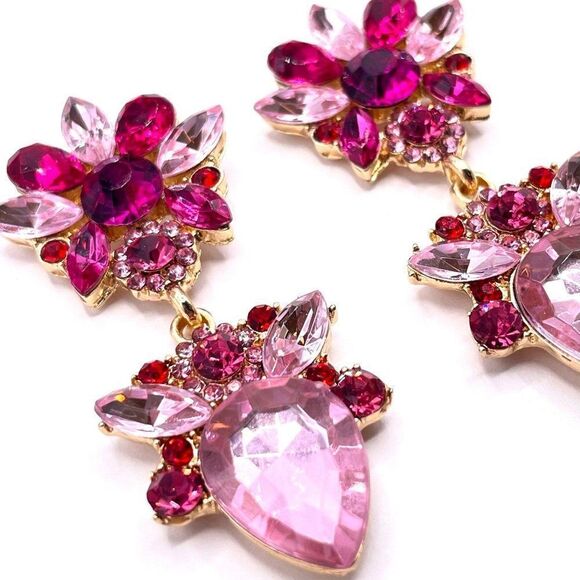 Yellow Gold and Light and Dark Pink Crystal Dangling Art Deco Post Back Earrings - Picture 4 of 6